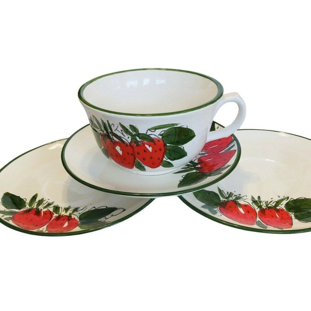 VTG Lg Cup Saucers Japan Hand painted Strawberries Green Leaves Bowl Soup Coffee